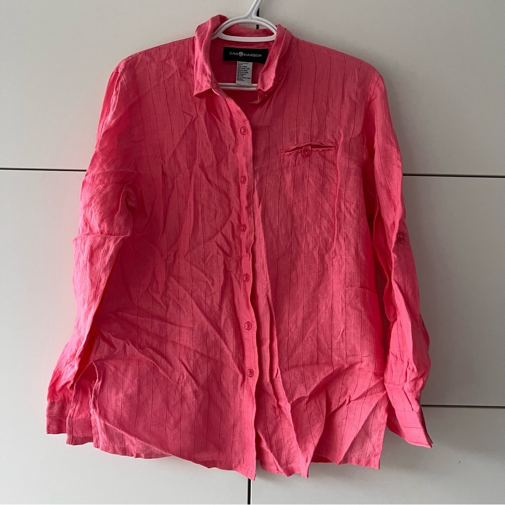 Sag Harbor Roll Tab Button Up Blouse Womans S Pink 100% Linen Classic